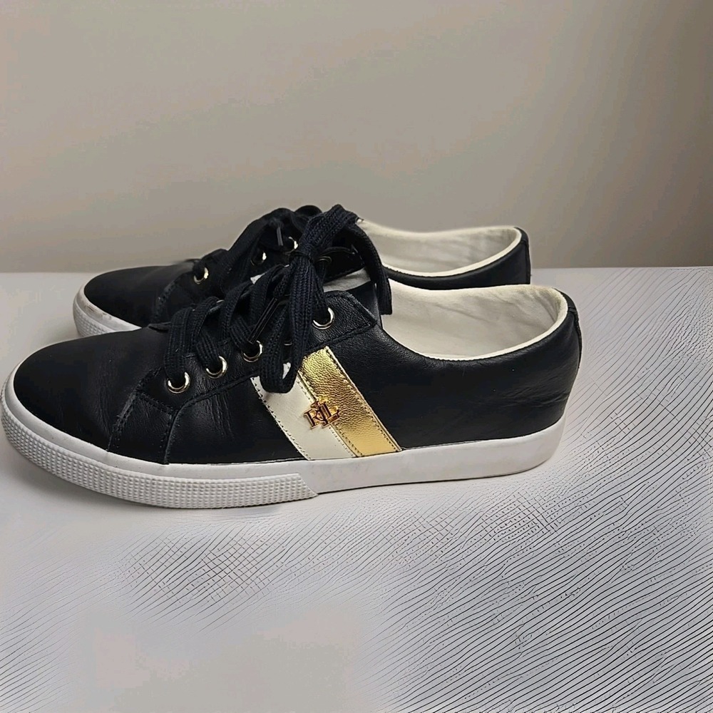 Lauren Ralph Lauren Navy Blue Leather Sneakers Gold Stripe LRL Logo Casual Shoes